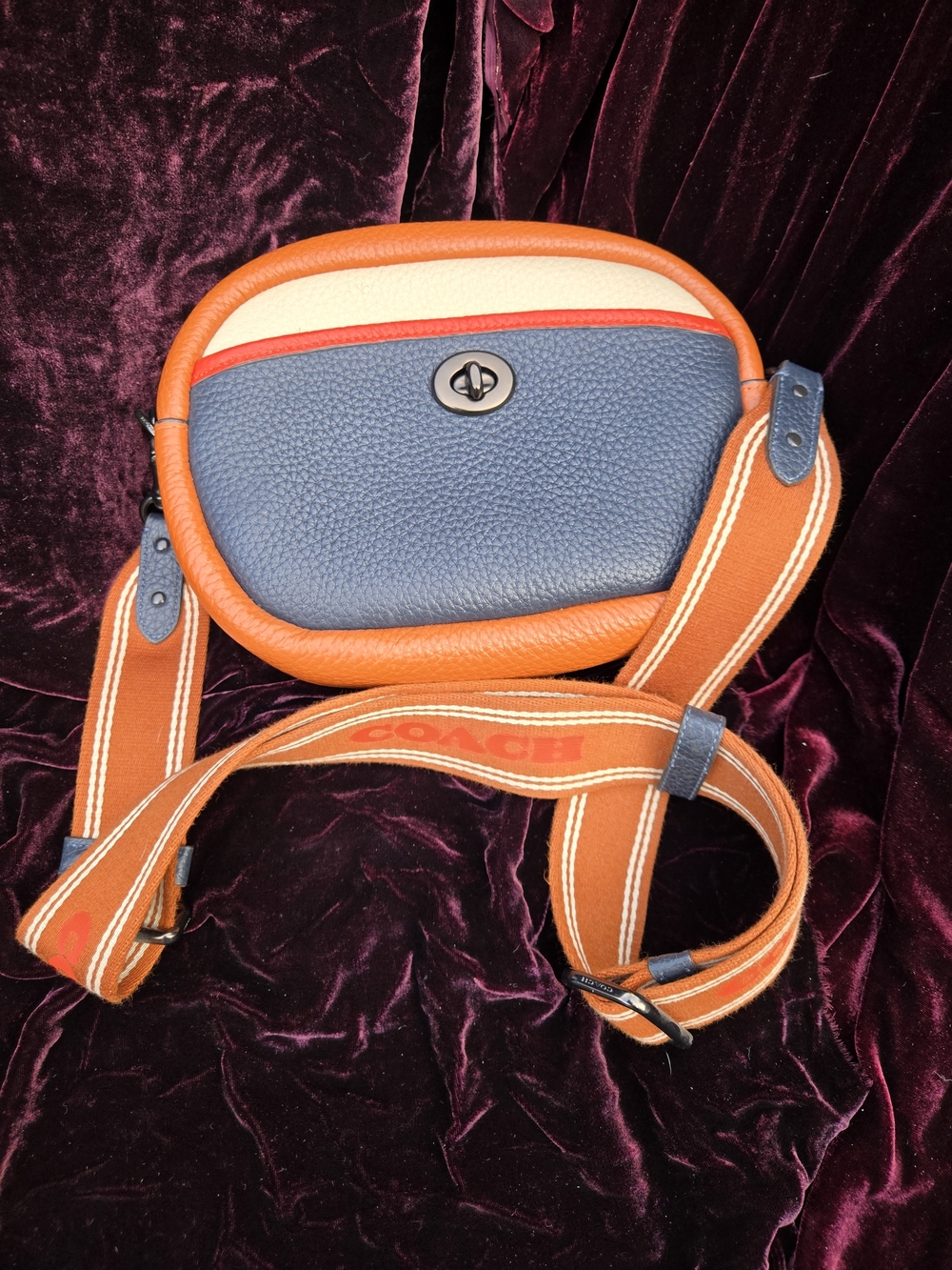 Coach Colorblock Leather Crossbody Bag Orange Blue Stripe Strap C6882